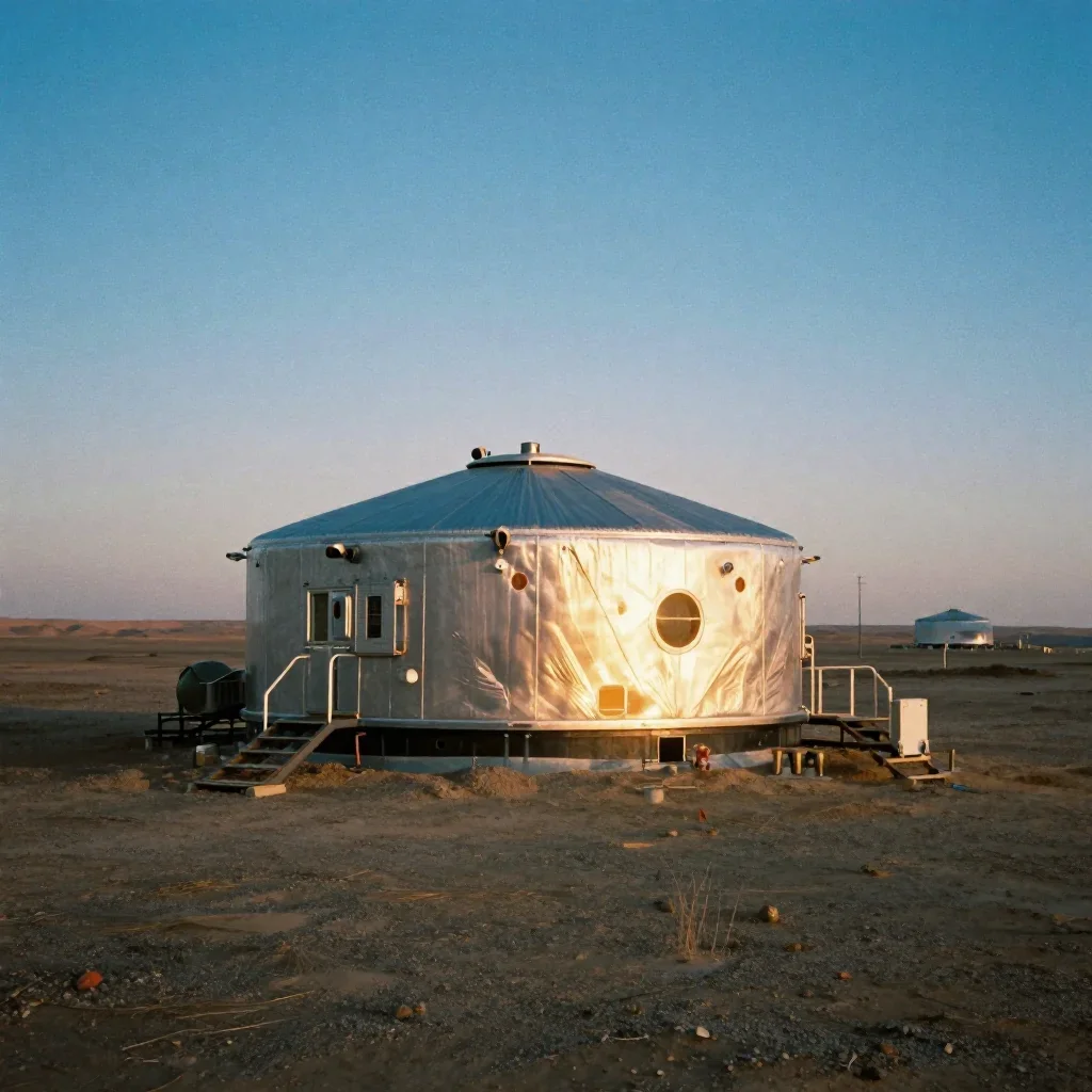 a desert research station during golden hour, soft-grain analog film photography, gentle reflected light, cobalt and amb