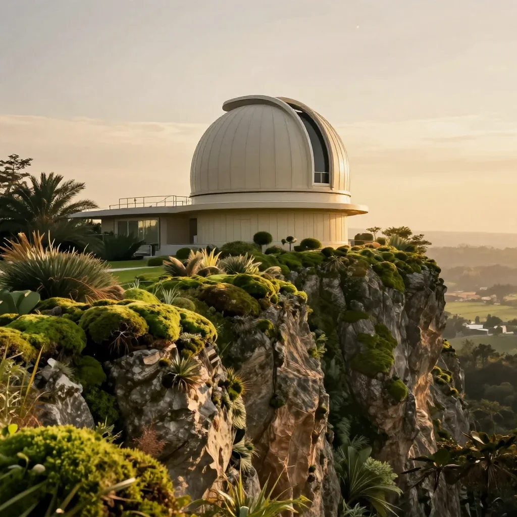 a cliffside observatory during golden hour, contemporary botanical illustration, atmospheric depth, moss green and cream