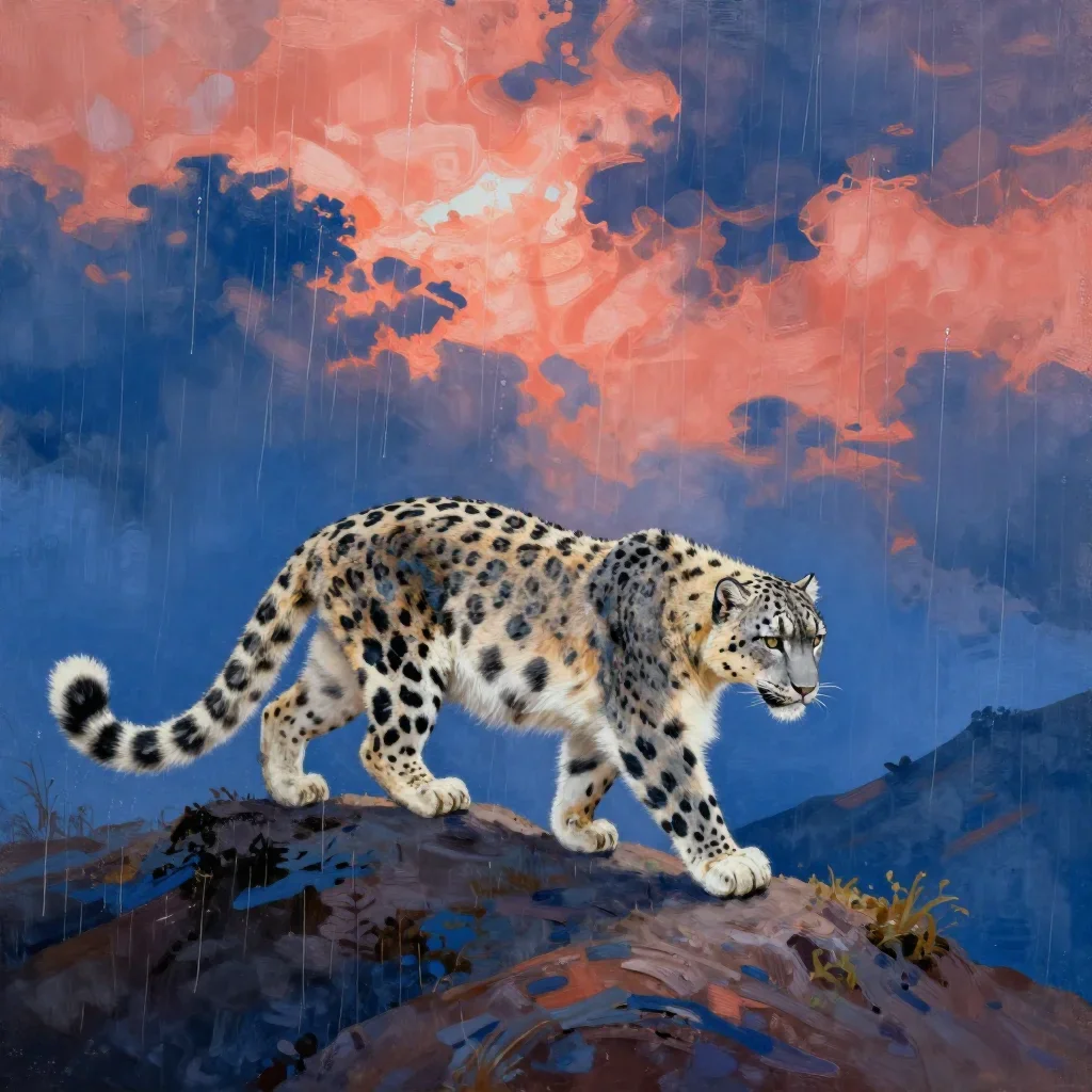 a snow leopard crossing a ridge after warm summer rain, luminous gouache painting, atmospheric depth, coral and midnight