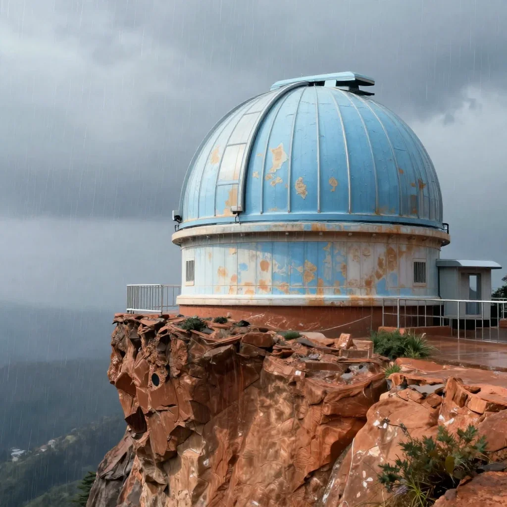 a cliffside observatory after warm summer rain, quiet science-fiction concept art, weathered tactile surfaces, terracott