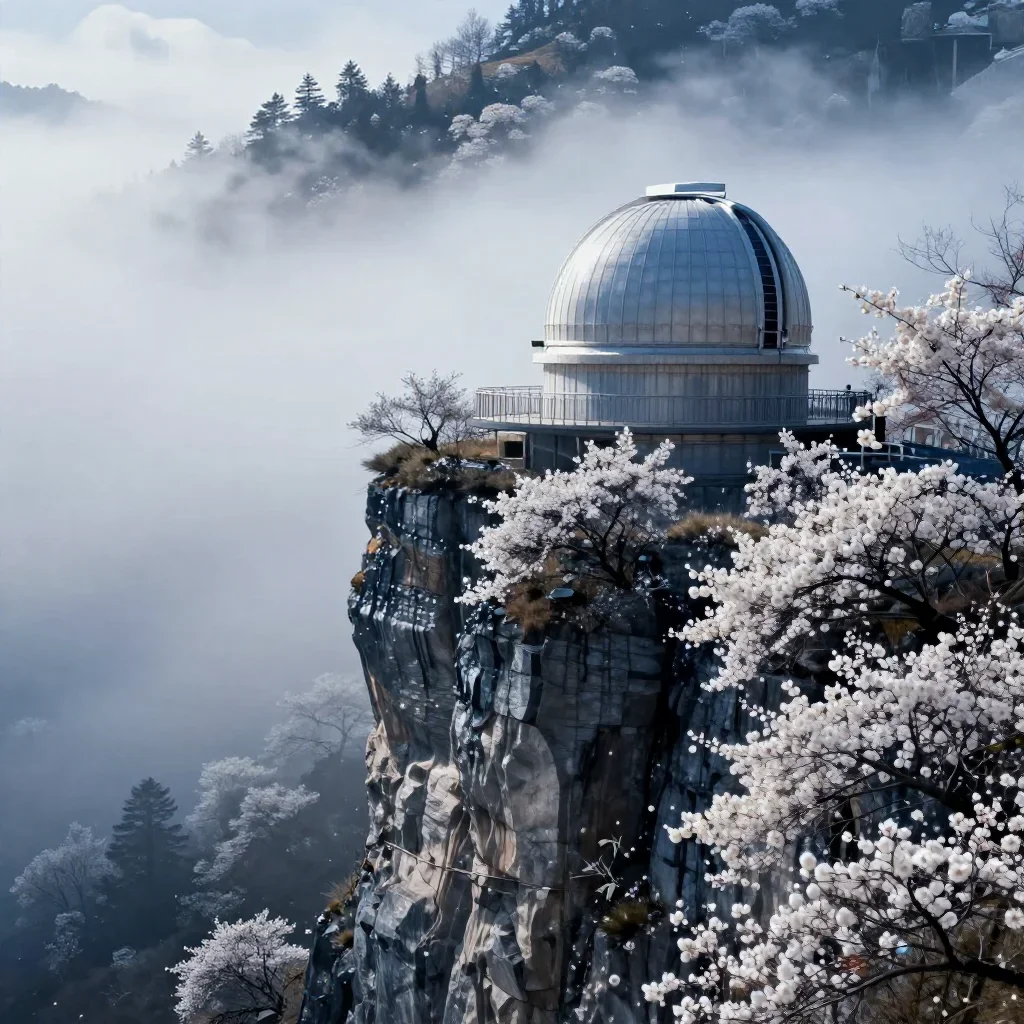 a cliffside observatory in early spring mist, refined editorial travel photography, crisp material detail, indigo and pe