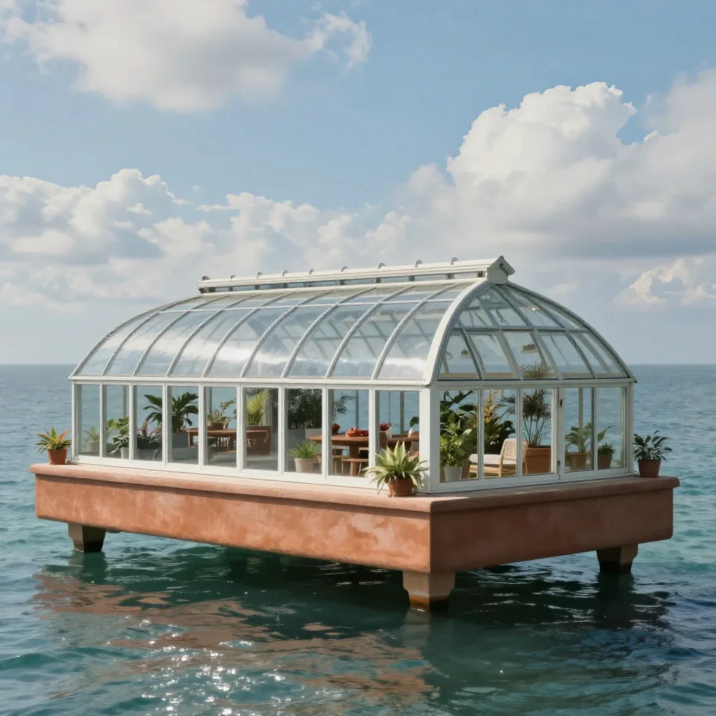 a floating botanical conservatory in a gentle sea breeze, refined editorial travel photography, clean natural textures, 