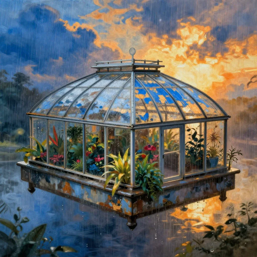 a floating botanical conservatory after warm summer rain, dreamlike fine-art landscape photography, weathered tactile su