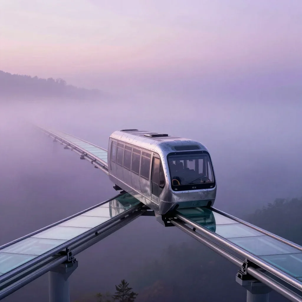 a glass monorail under soft dawn fog, quiet science-fiction concept art, weathered tactile surfaces, lavender and silver