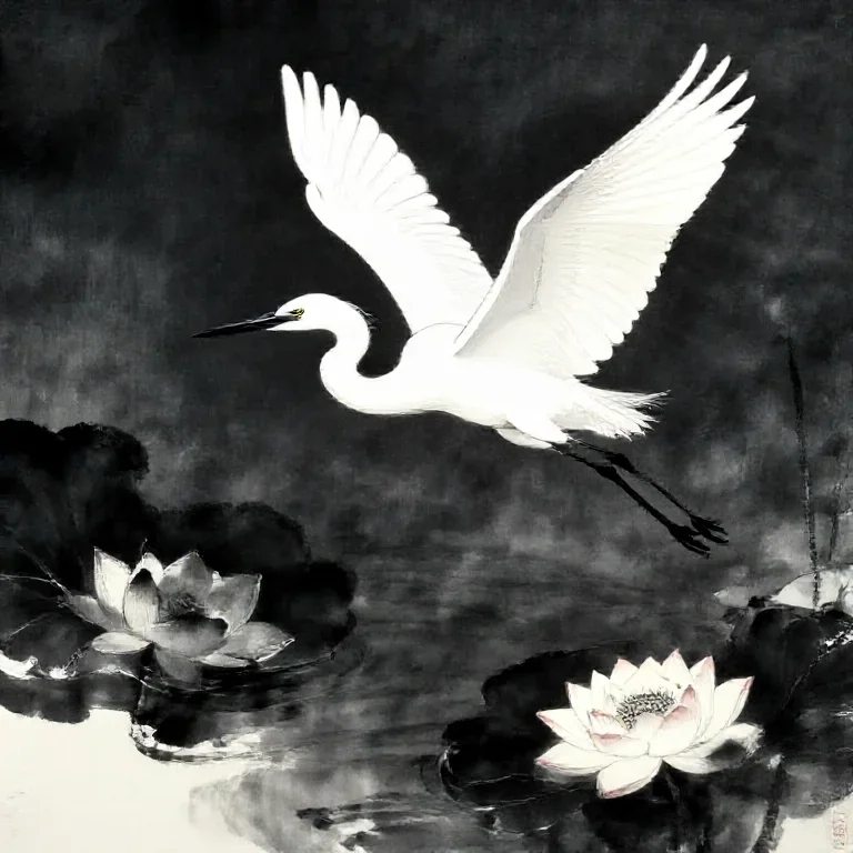 A white heron flying over ink-black water with floating lotus flowers, Japanese woodblock-inspired editorial art, no tex