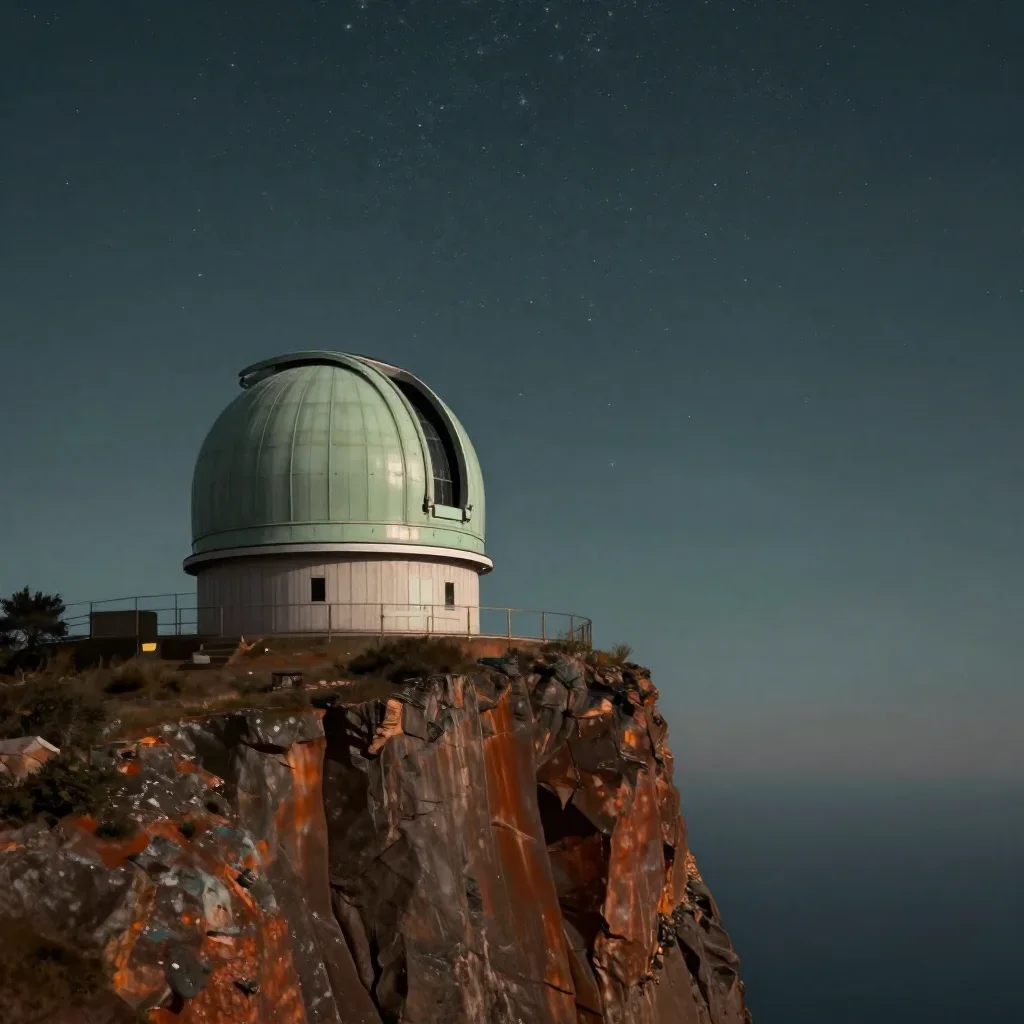 a cliffside observatory beneath a star-filled sky, quiet science-fiction concept art, calm negative space, rust and sage