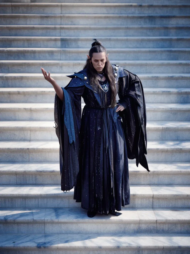 a sorceress in a star-lit midnight cloak in a graceful contrapposto pose, on a marble staircase at dawn, soft-grain anal
