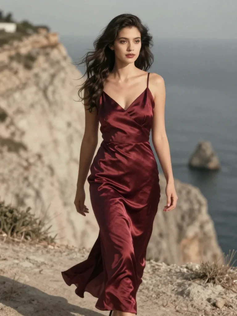 a young woman in a flowing silk gown in a confident cinematic stride, on a sun-drenched cliffside, soft-grain analog fas