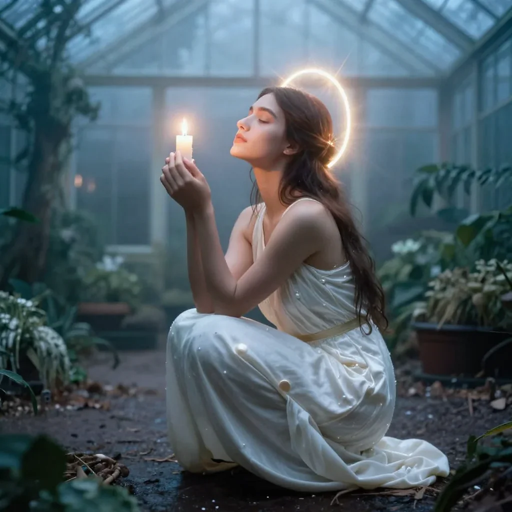 a celestial priestess with haloed candlelight in a low lunge with a lifted chin, in a greenhouse humid with mist, soft-g