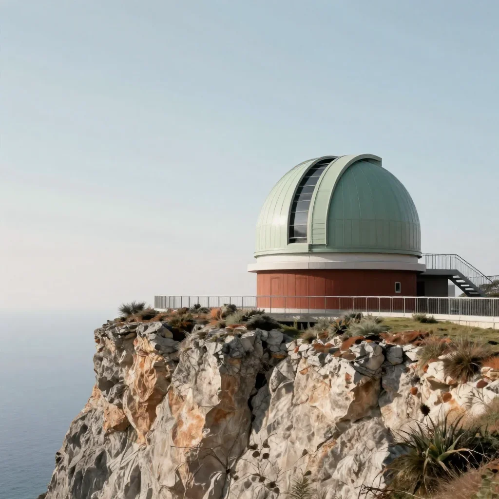 a cliffside observatory in crisp winter sunlight, contemporary botanical illustration, calm negative space, rust and sag