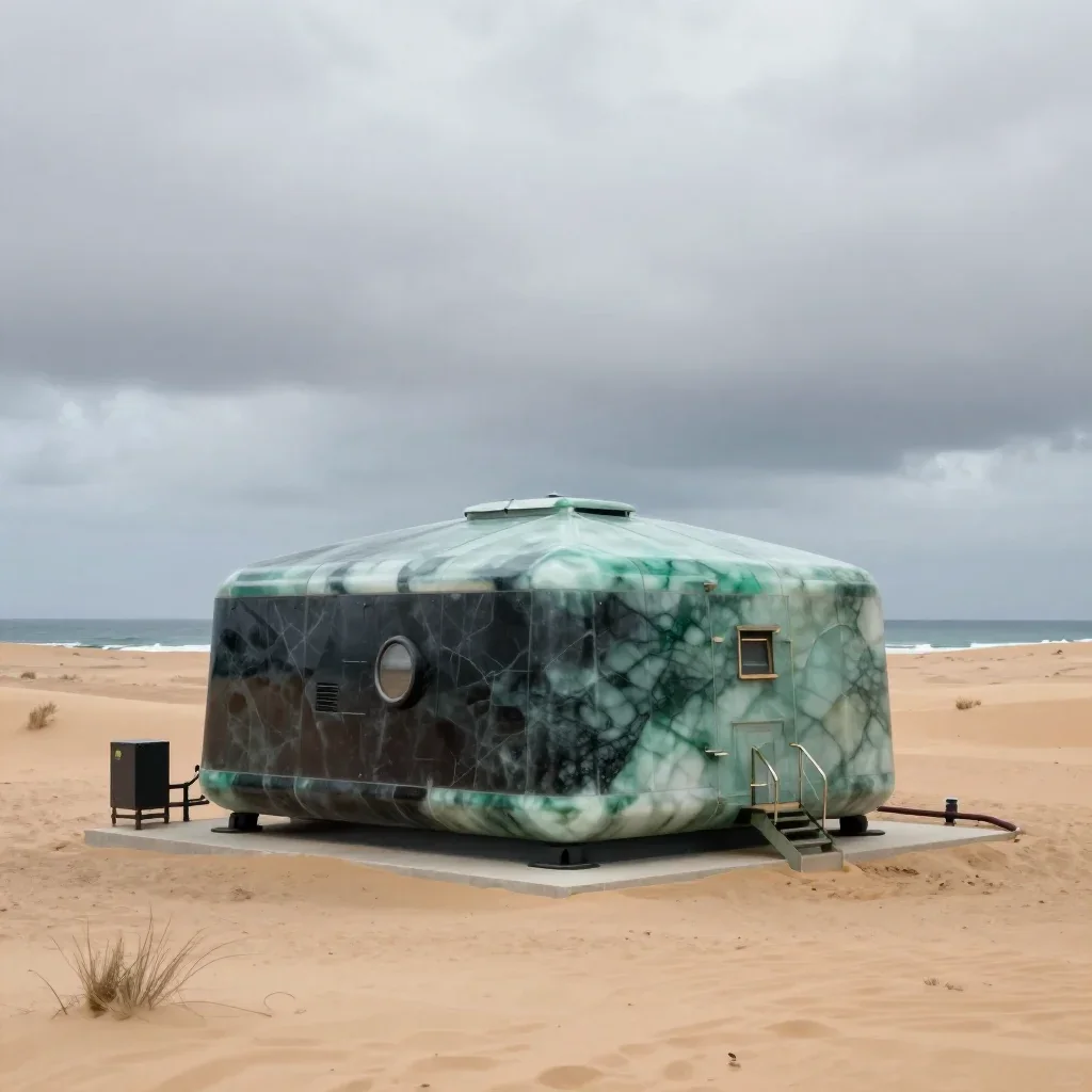 a desert research station under overcast coastal light, dreamlike fine-art landscape photography, crisp material detail,