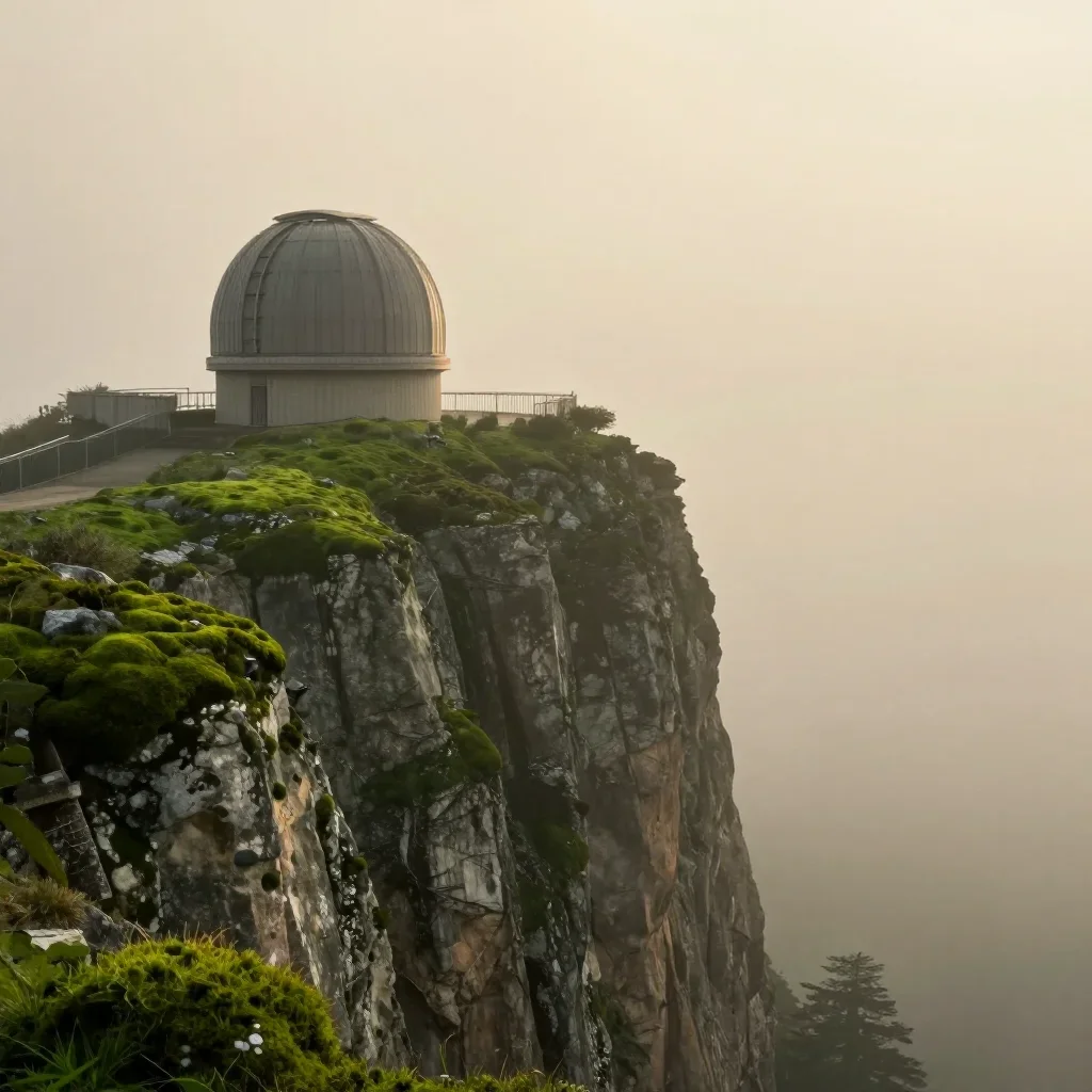 a cliffside observatory under soft dawn fog, dreamlike fine-art landscape photography, restrained color harmony, moss gr