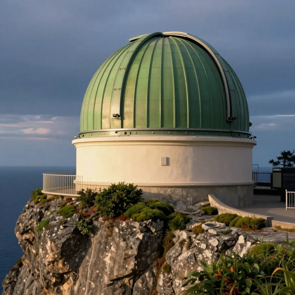 a cliffside observatory at blue hour, museum-quality still-life photography, soft volumetric light, moss green and cream