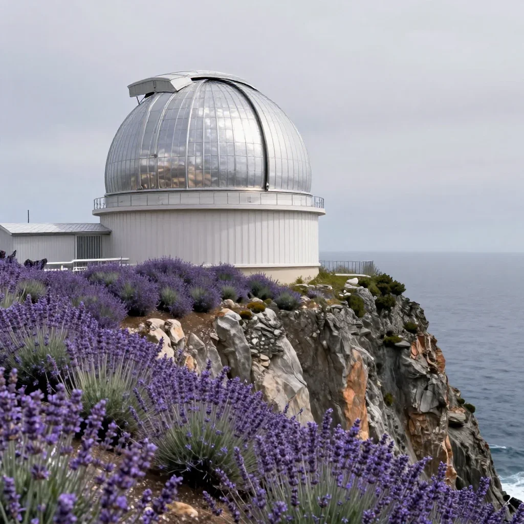 a cliffside observatory under overcast coastal light, museum-quality still-life photography, gentle reflected light, lav