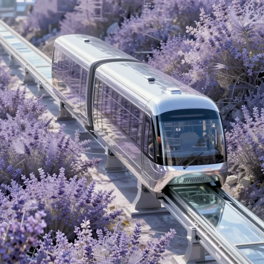 a glass monorail in crisp winter sunlight, museum-quality still-life photography, crisp material detail, lavender and si