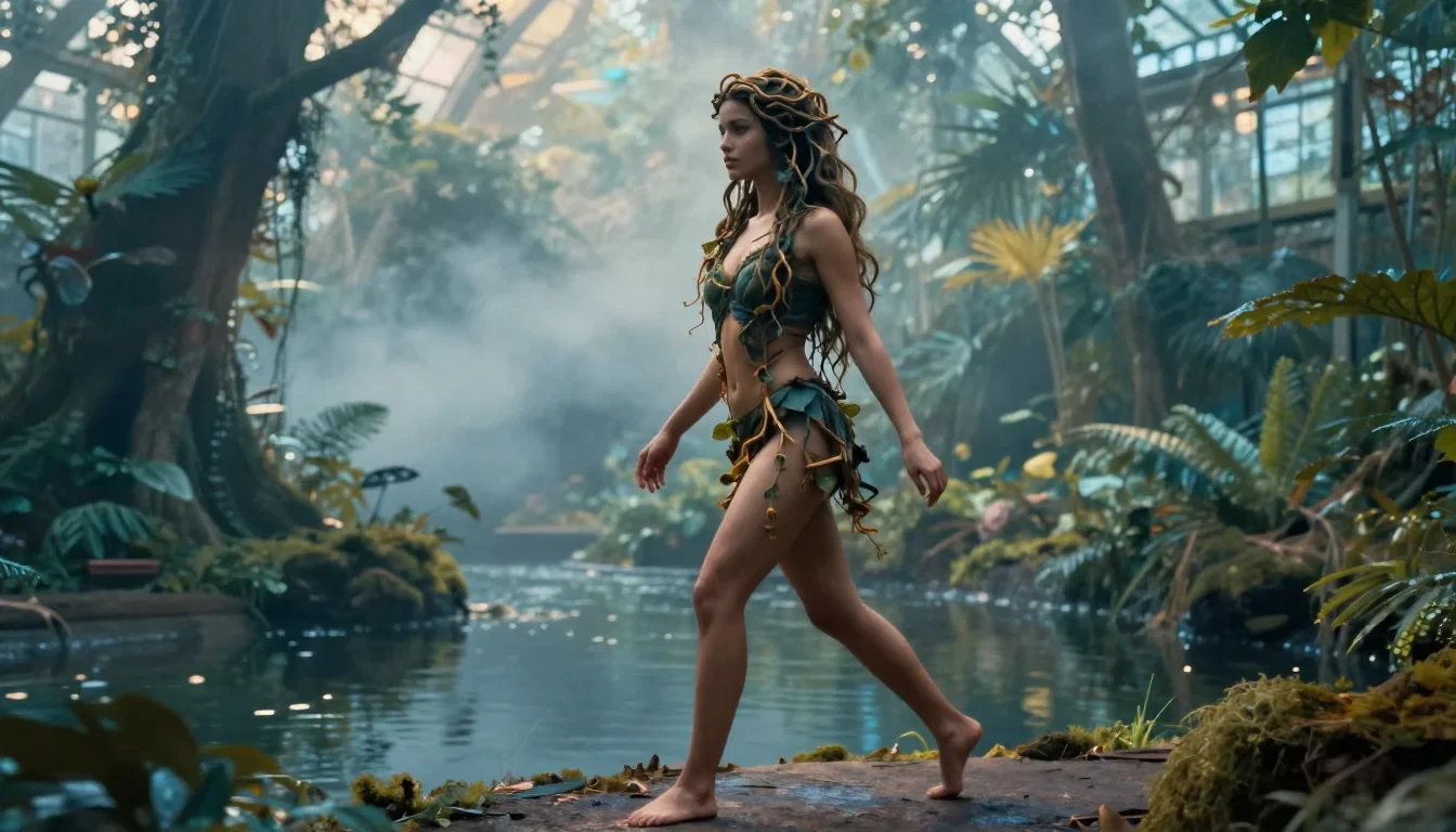 a dryad with vine-woven hair in a forest pool in a confident cinematic stride, in a greenhouse humid with mist, soft-gra