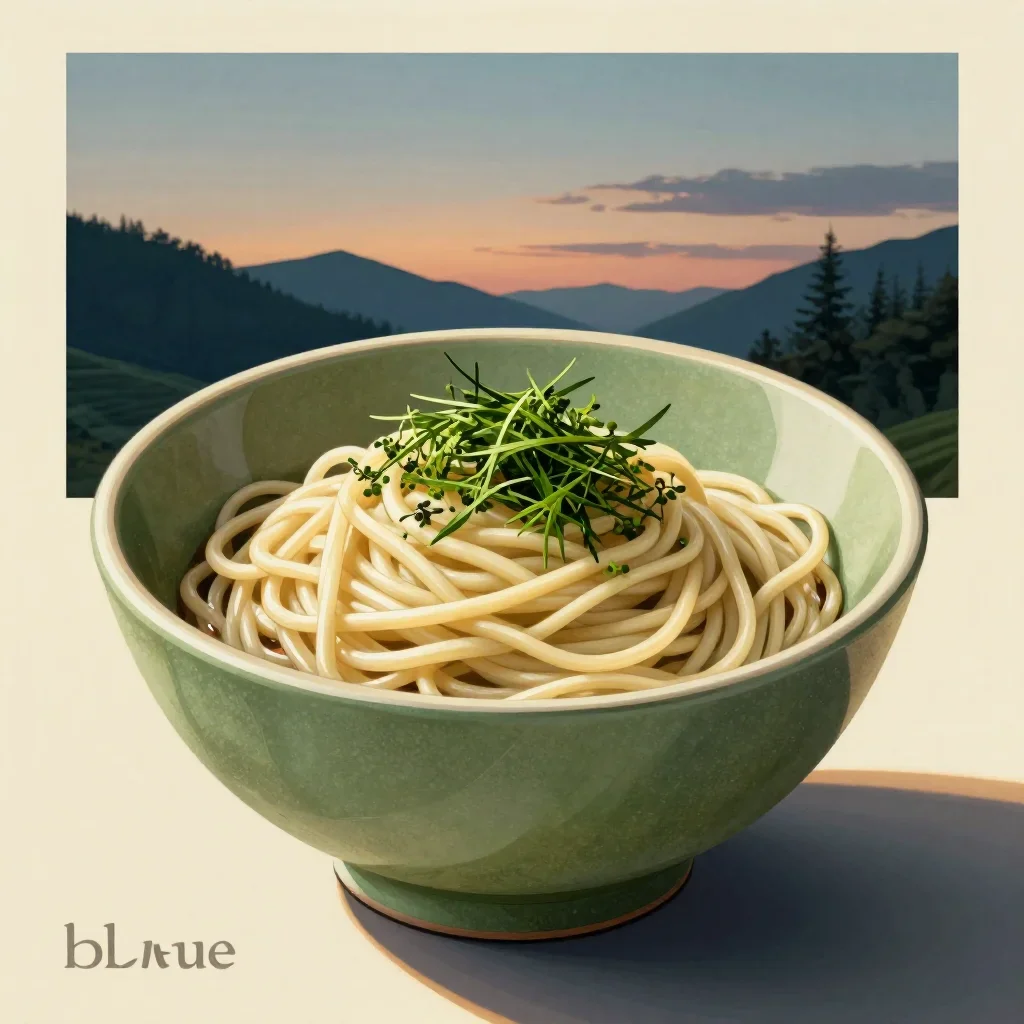 a bowl of handmade herb noodles at blue hour, Japanese woodblock-inspired editorial art, careful geometric composition,