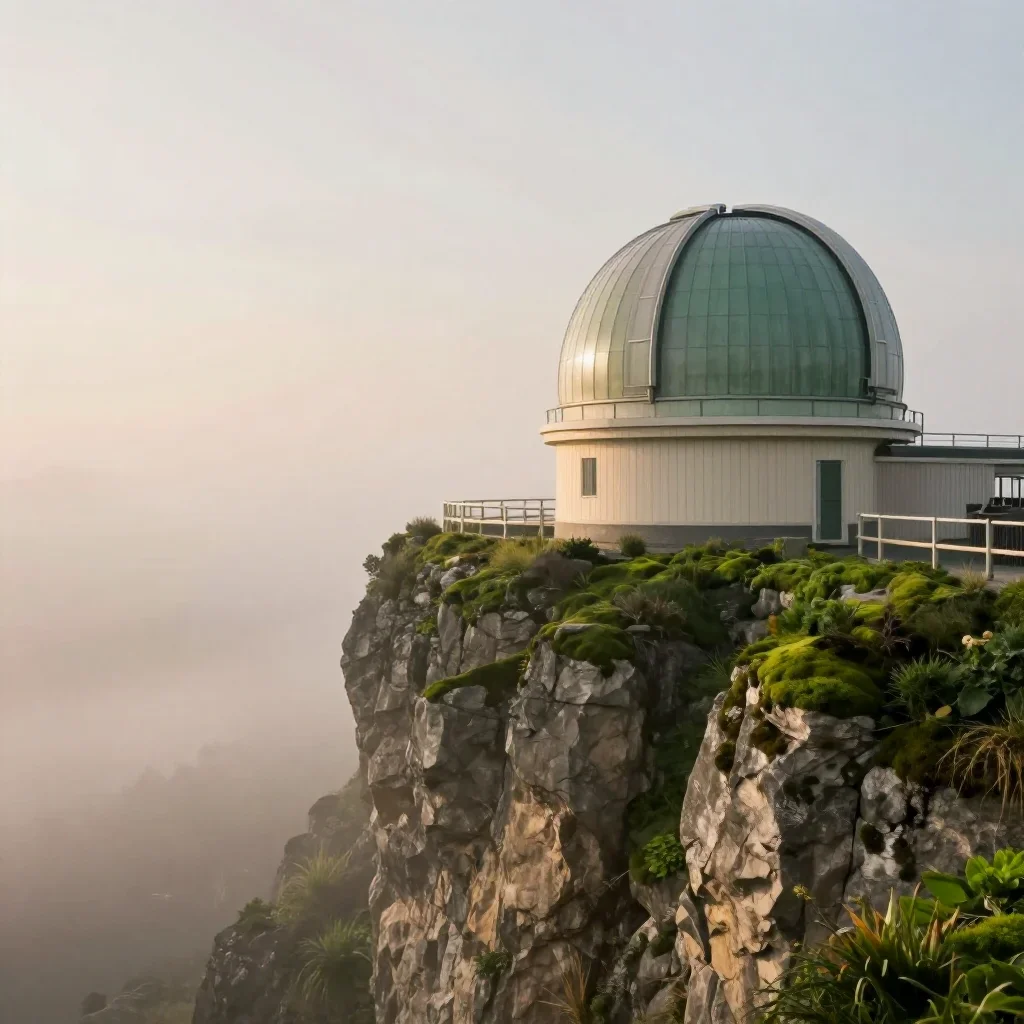 a cliffside observatory under soft dawn fog, high-end design magazine photography, gentle reflected light, moss green an