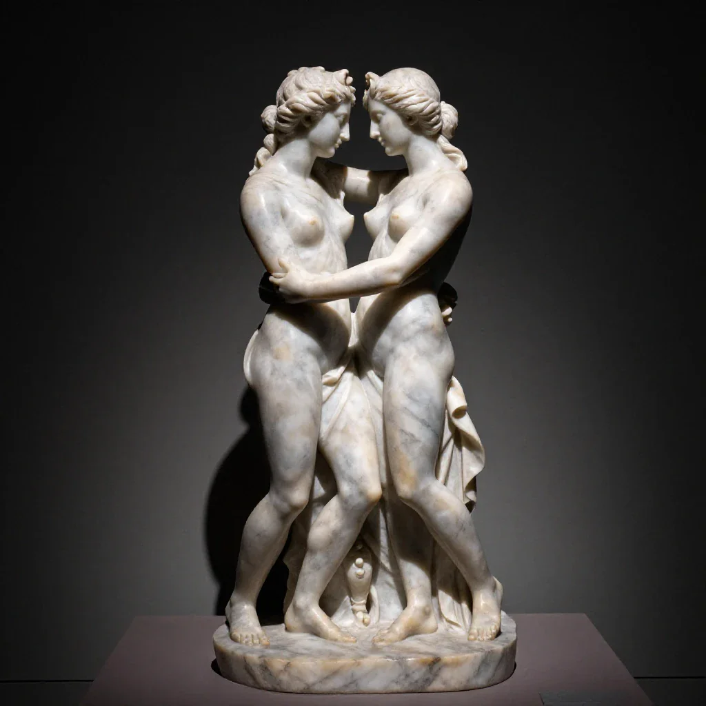 Obsidian sculpture of intertwined lovers, museum spotlight, specular highlights, hyperreal marble