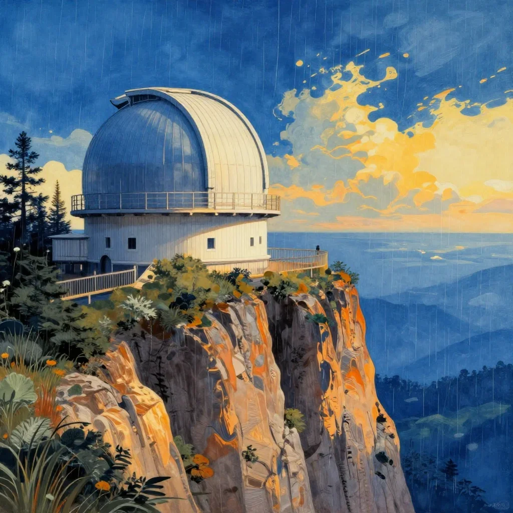a cliffside observatory after warm summer rain, Japanese woodblock-inspired editorial art, crisp material detail, cobalt