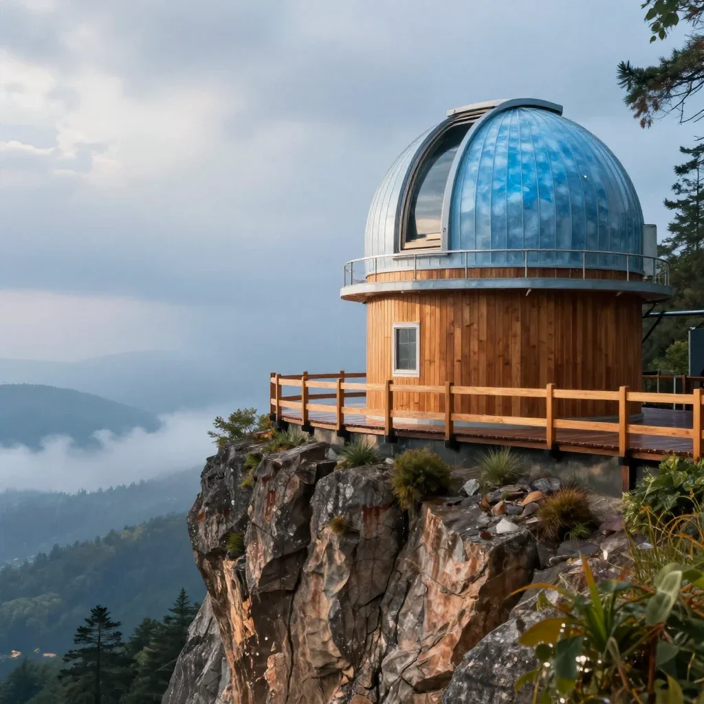 a cliffside observatory after warm summer rain, high-end design magazine photography, soft volumetric light, ice blue an
