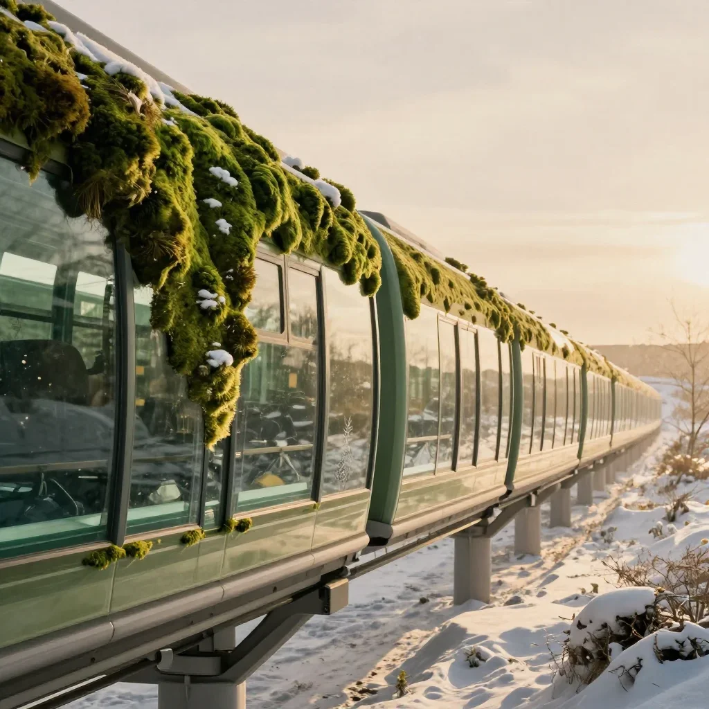 a glass monorail in crisp winter sunlight, dreamlike fine-art landscape photography, restrained color harmony, moss gree