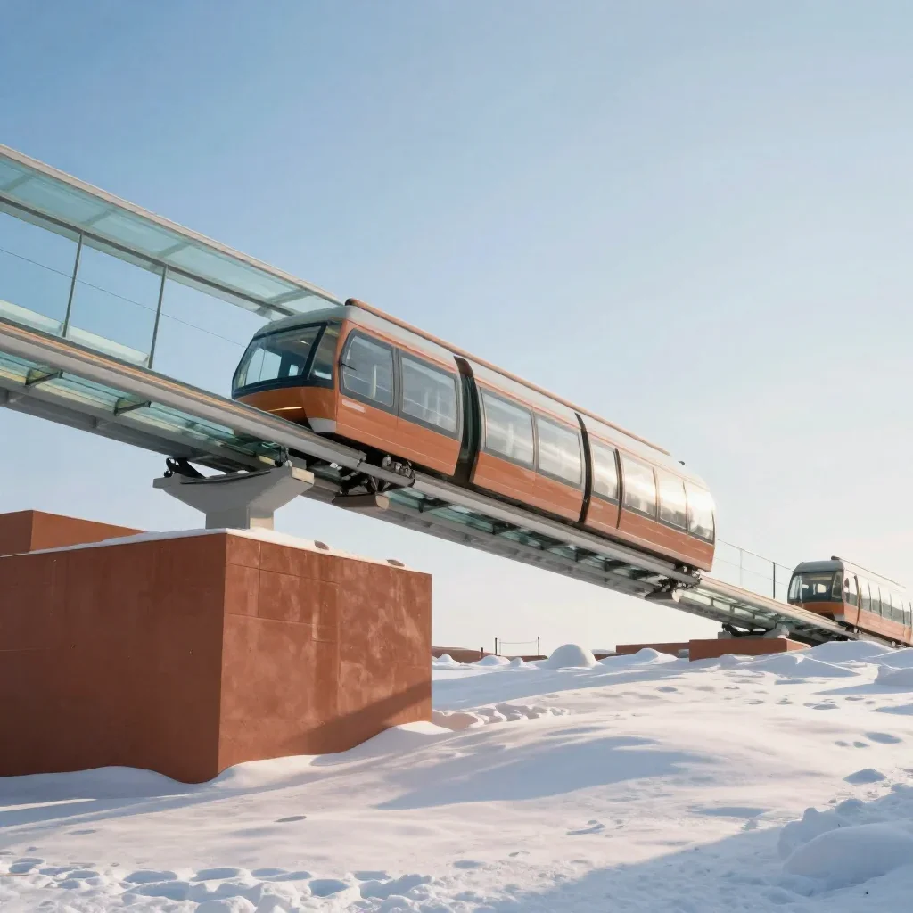 a glass monorail in crisp winter sunlight, museum-quality still-life photography, clean natural textures, terracotta and