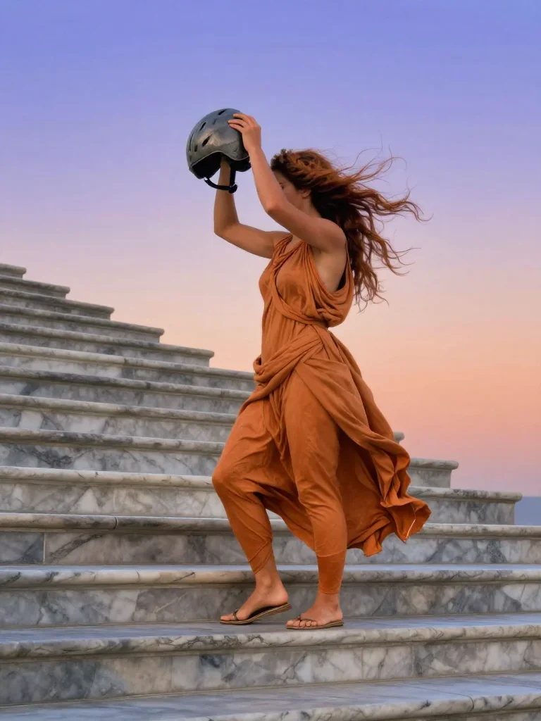 a rider removing a helmet, flushed and windblown in a dramatic three-quarter profile, on a marble staircase at dawn, myt