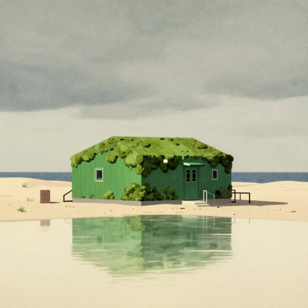 a desert research station under overcast coastal light, Japanese woodblock-inspired editorial art, gentle reflected ligh