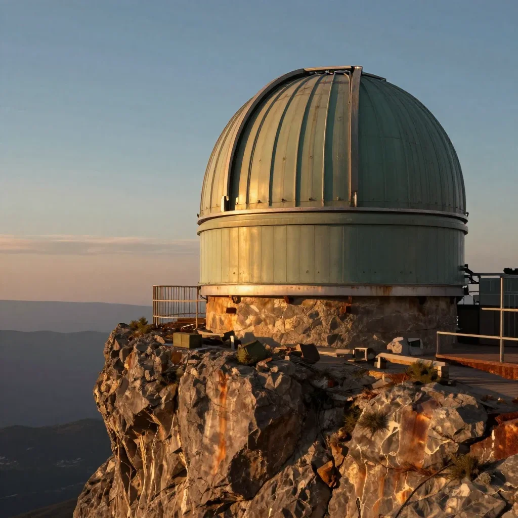 a cliffside observatory during golden hour, museum-quality still-life photography, atmospheric depth, rust and sage pale