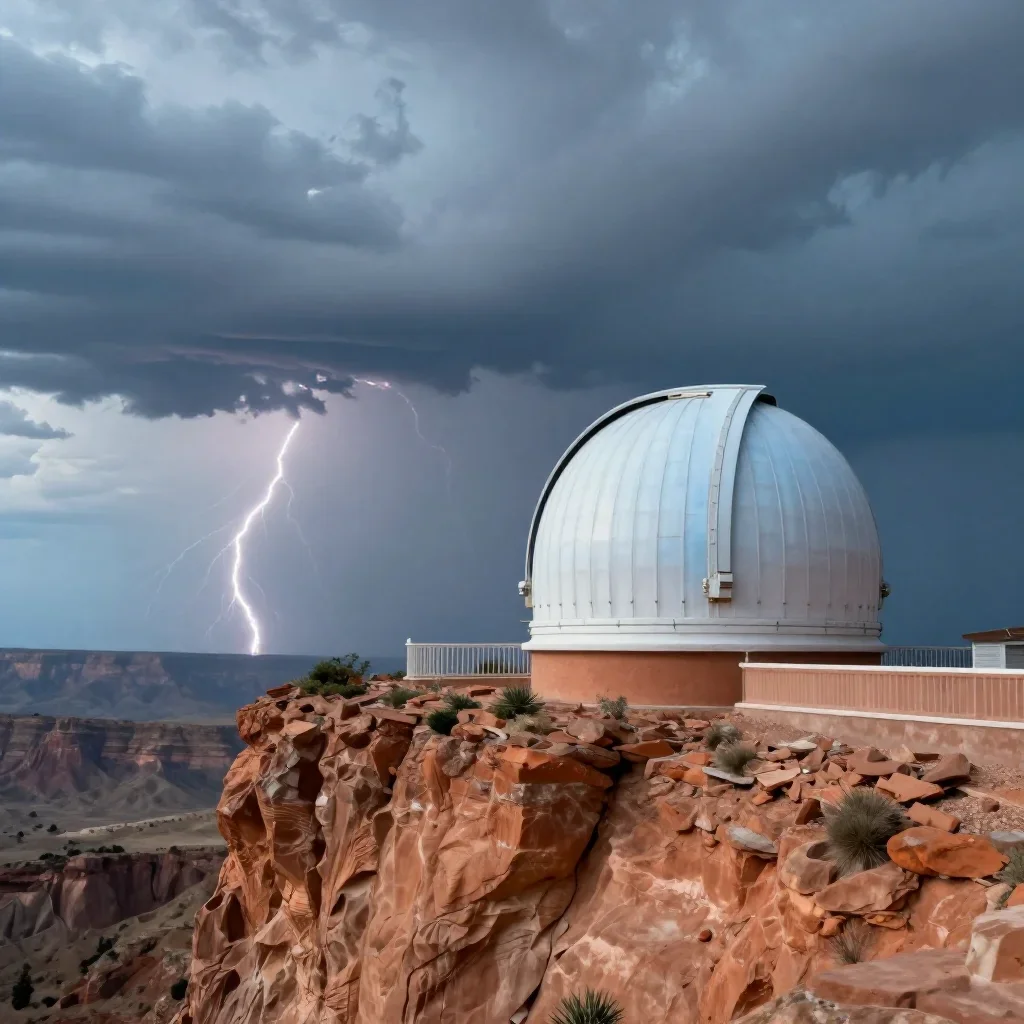 a cliffside observatory after a distant thunderstorm, high-end design magazine photography, atmospheric depth, terracott