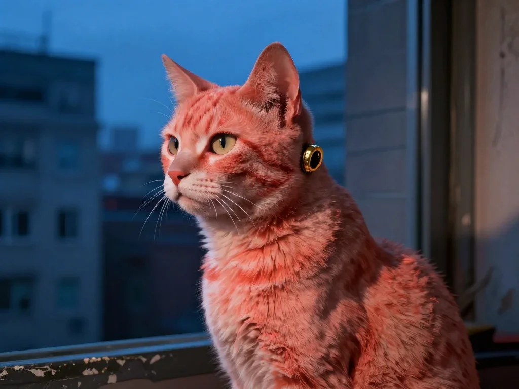 a feline-featured model with gold ear cuffs in a dramatic three-quarter profile, in a blue-hour city apartment, neo-noir