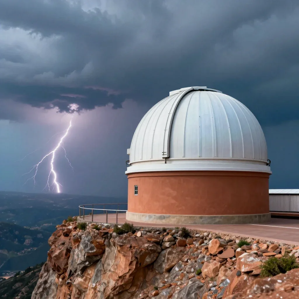 a cliffside observatory after a distant thunderstorm, museum-quality still-life photography, atmospheric depth, terracot