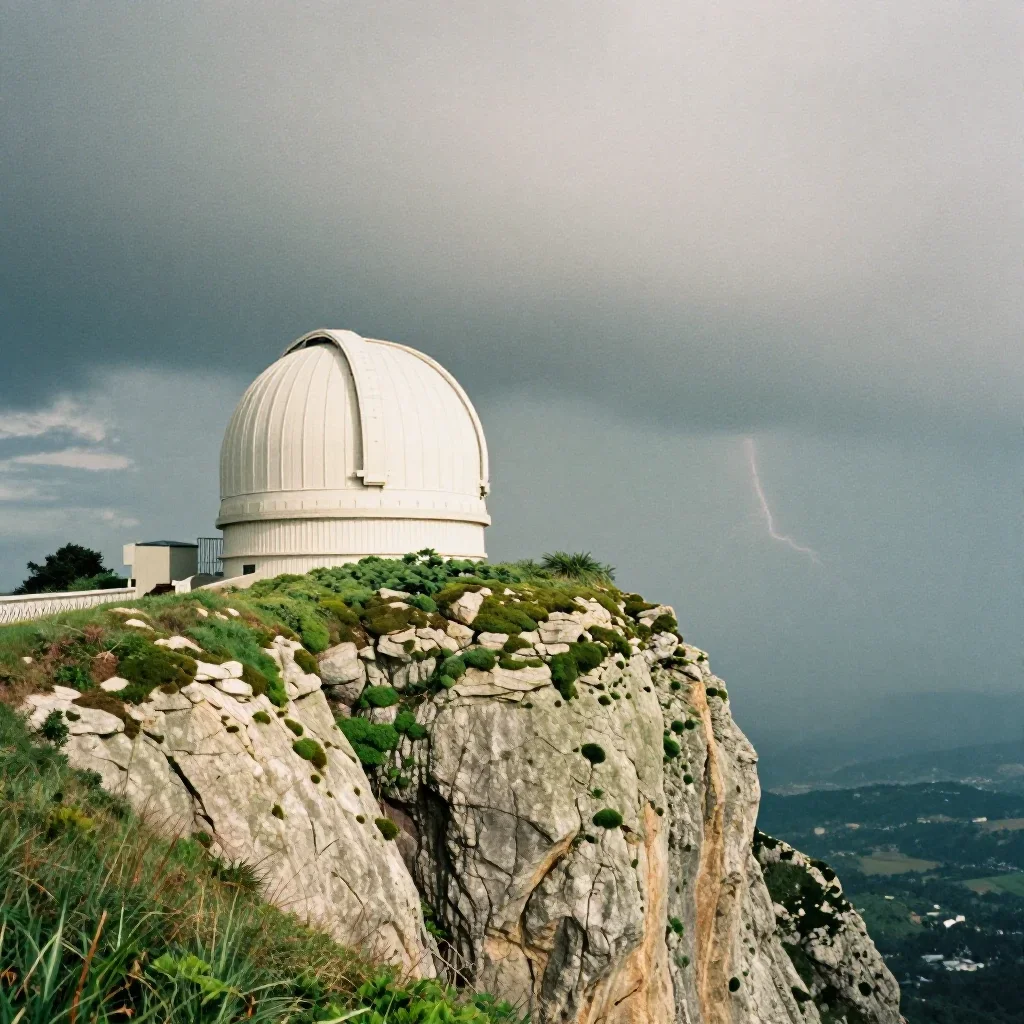 a cliffside observatory after a distant thunderstorm, soft-grain analog film photography, subtle film grain, moss green 