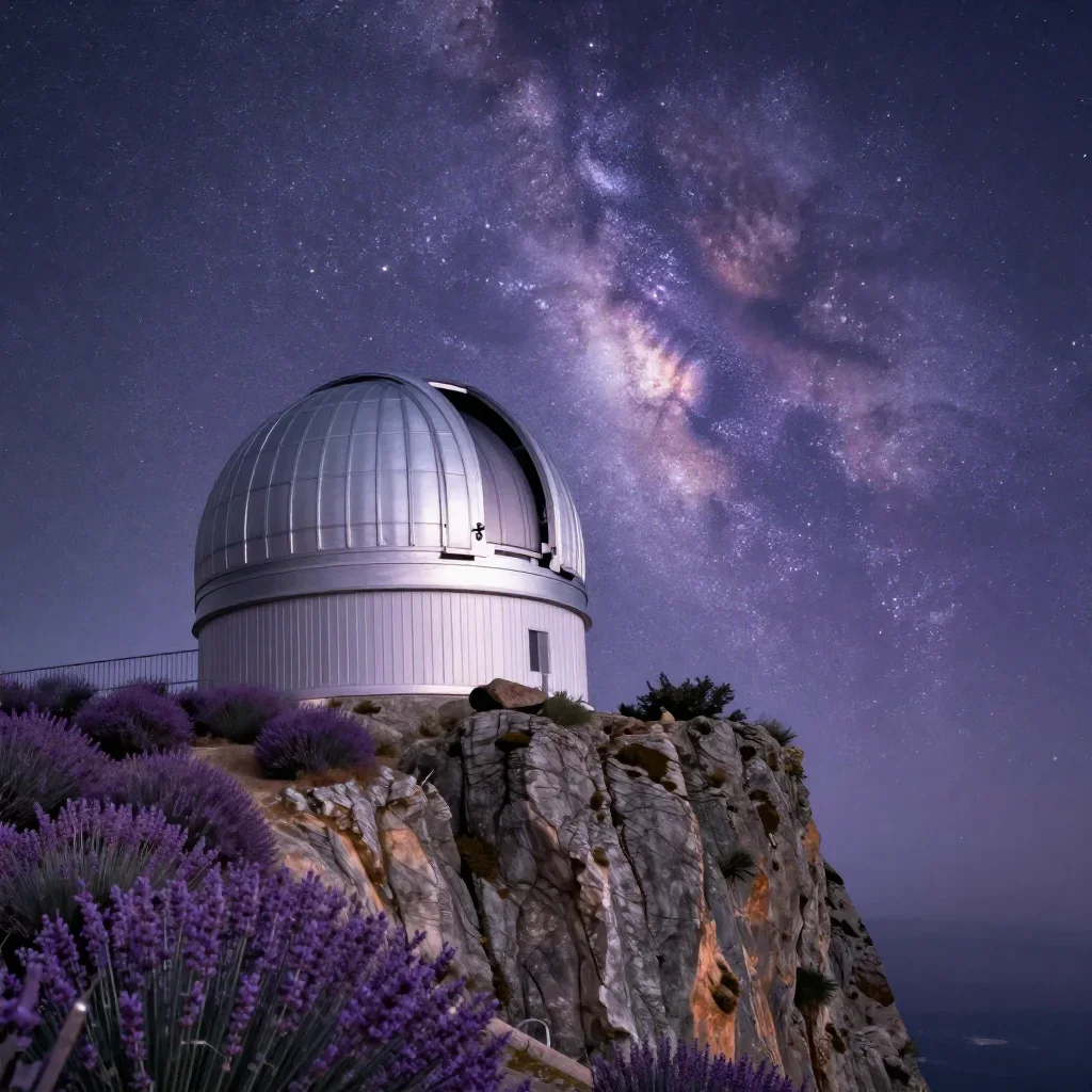 a cliffside observatory beneath a star-filled sky, refined editorial travel photography, atmospheric depth, lavender and