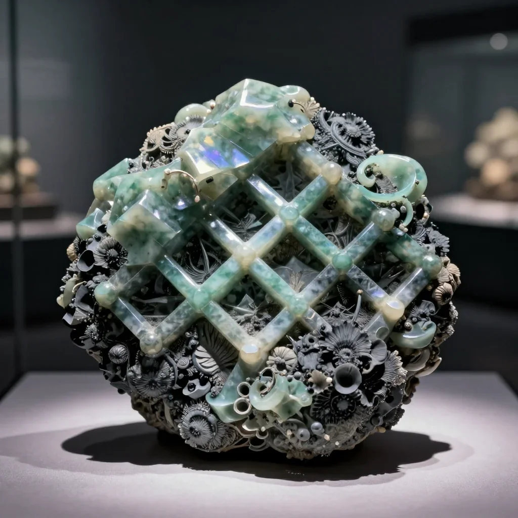 an iridescent mineral lattice in cool museum light, Japanese woodblock-inspired editorial art, clean natural textures, j