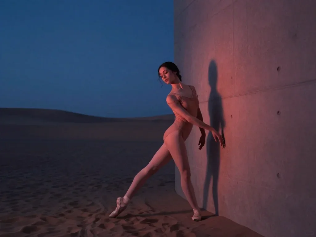 a ballet dancer in a bare-shoulder leotard, mid-extension in a wind-swept lean against a wall, in a silent desert at twi