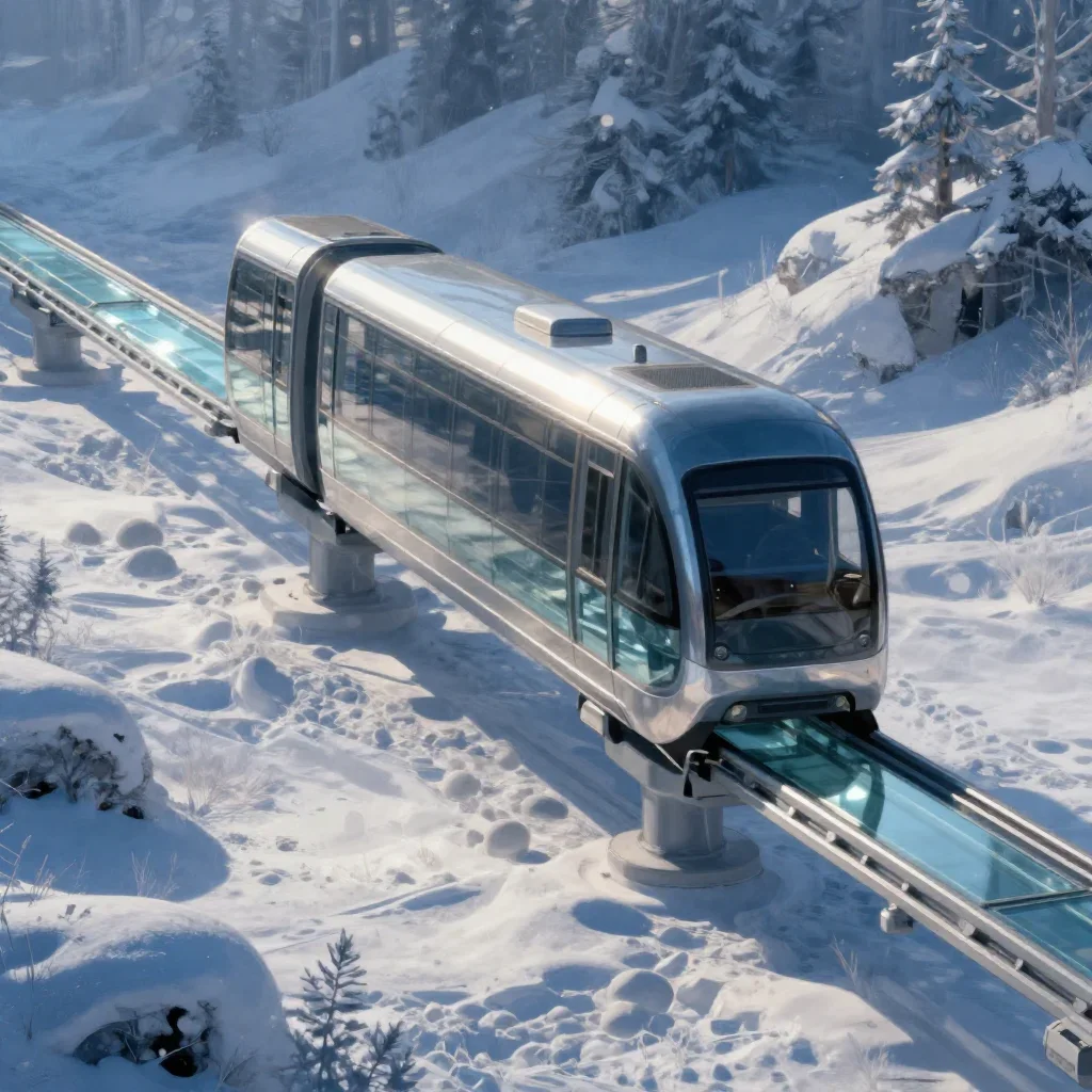 a glass monorail in crisp winter sunlight, quiet science-fiction concept art, careful geometric composition, indigo and