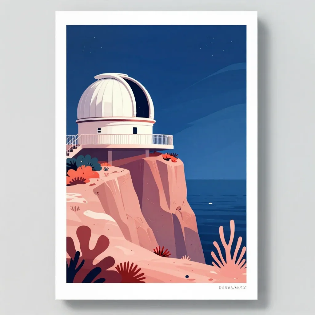 a cliffside observatory in a gentle sea breeze, modernist poster illustration, crisp material detail, coral and midnight