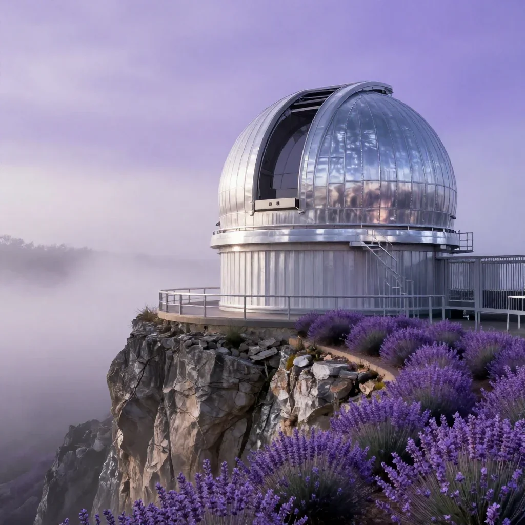 a cliffside observatory in early spring mist, cinematic architectural photography, crisp material detail, lavender and s