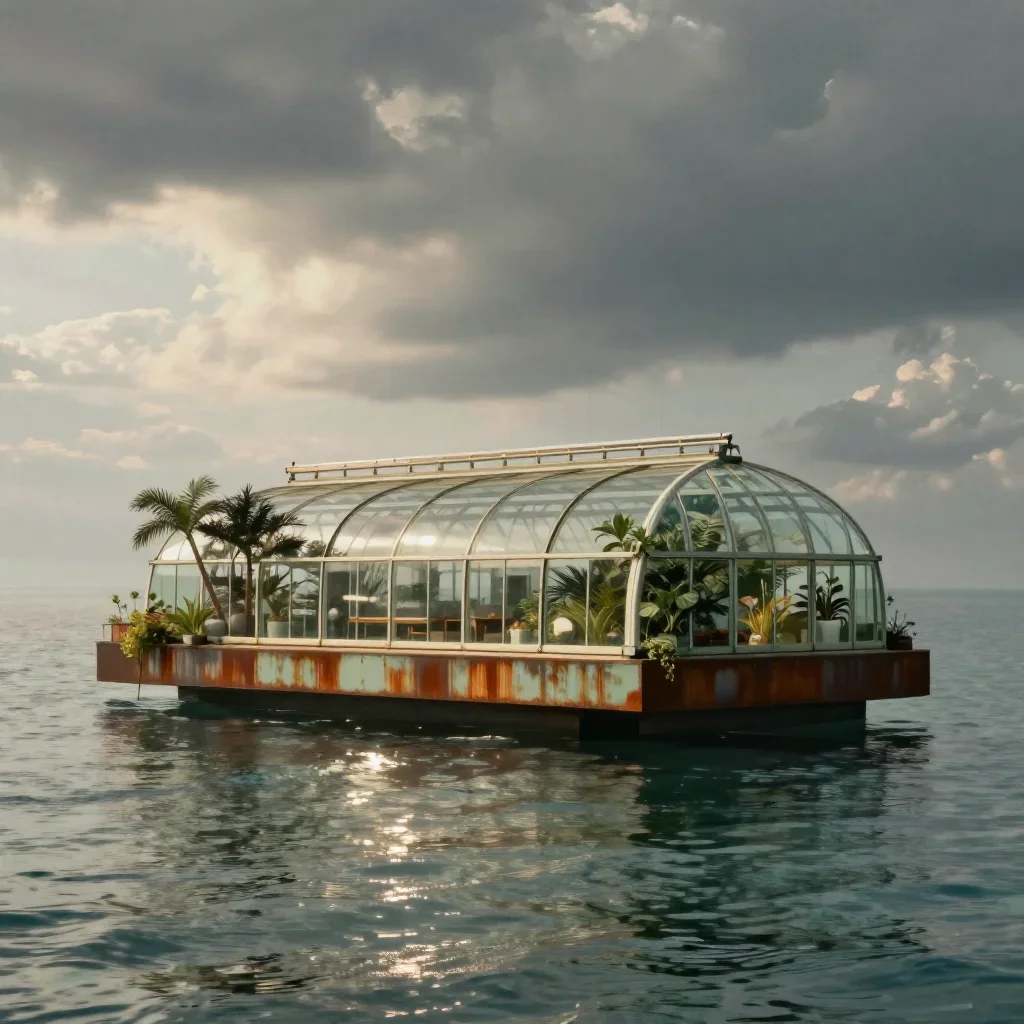 a floating botanical conservatory in a gentle sea breeze, cinematic architectural photography, calm negative space, rust