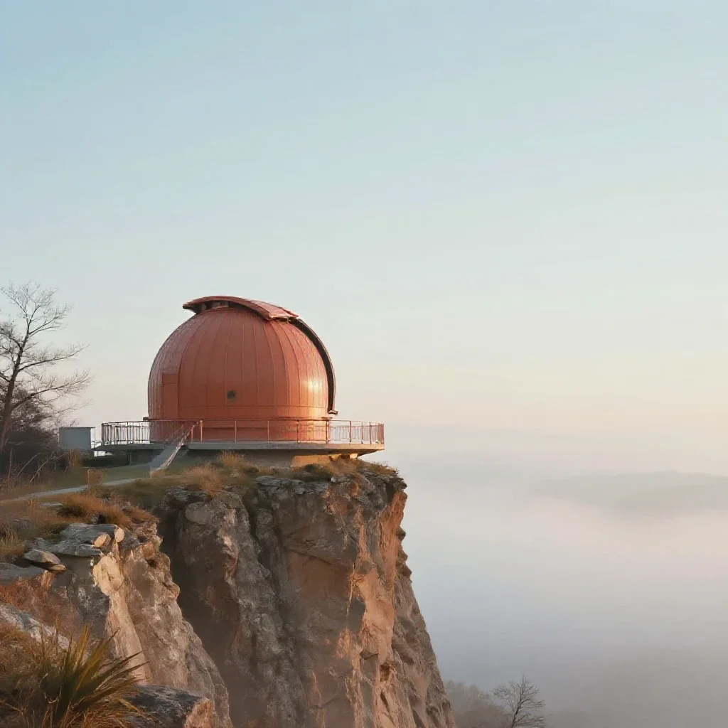 a cliffside observatory in early spring mist, contemporary botanical illustration, calm negative space, terracotta and p