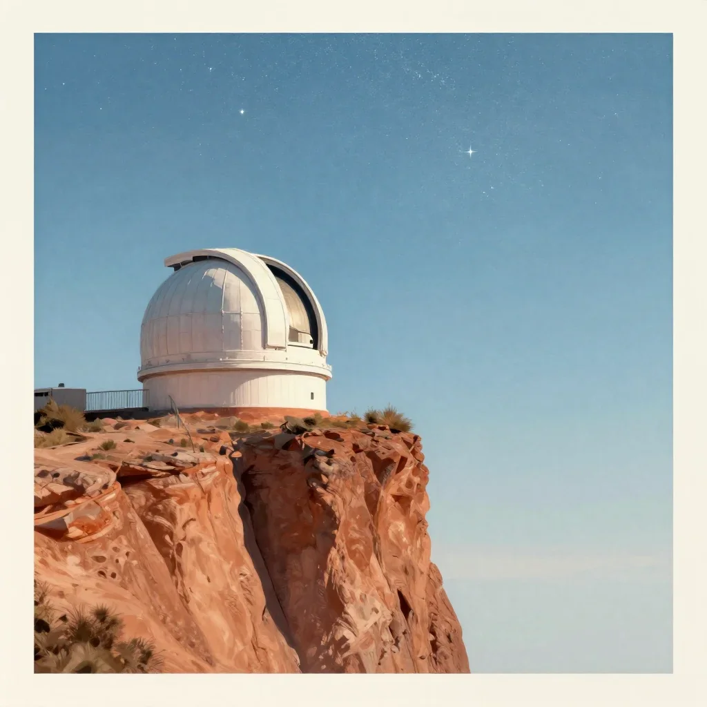 a cliffside observatory beneath a star-filled sky, modernist poster illustration, clean natural textures, terracotta and