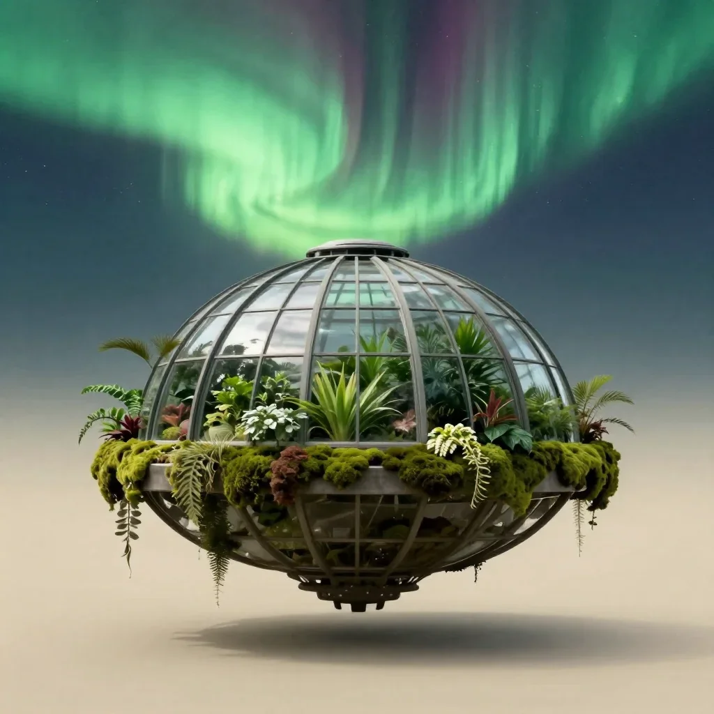a floating botanical conservatory beneath an aurora, quiet science-fiction concept art, calm negative space, moss green 