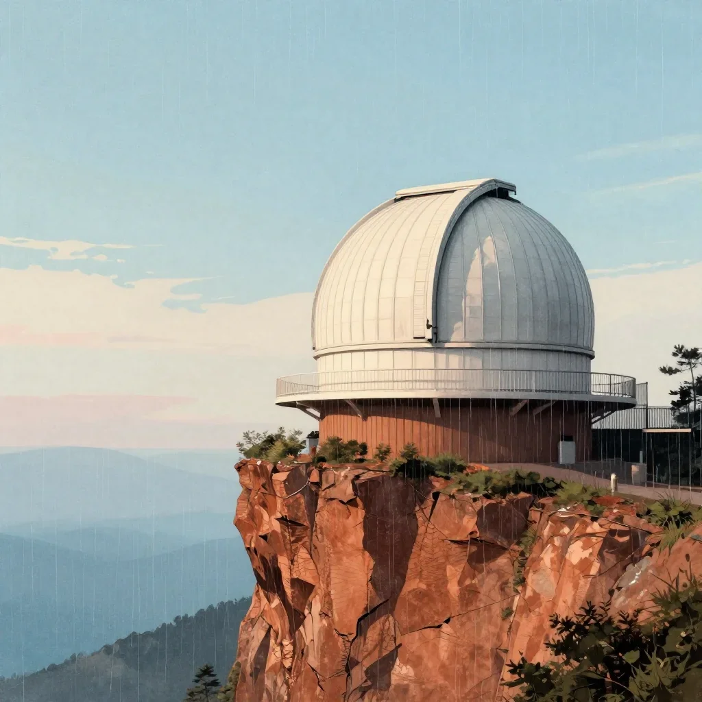 a cliffside observatory after warm summer rain, Japanese woodblock-inspired editorial art, subtle film grain, terracotta