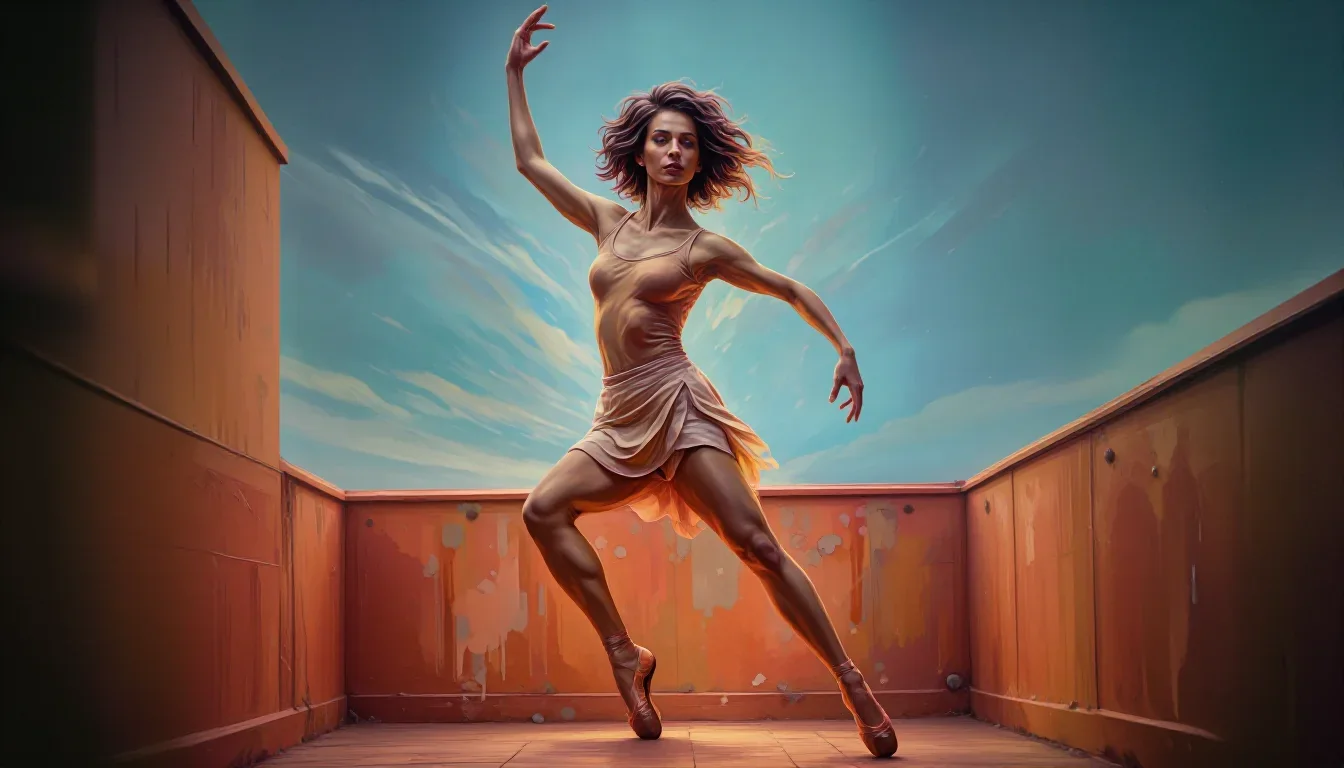 a ballet dancer in a bare-shoulder leotard, mid-extension in a gentle reach toward the lens, on a neon-lit rooftop at mi
