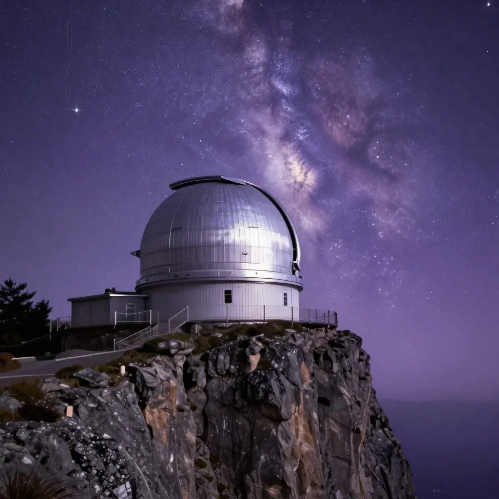 a cliffside observatory beneath a star-filled sky, quiet science-fiction concept art, atmospheric depth, lavender and si