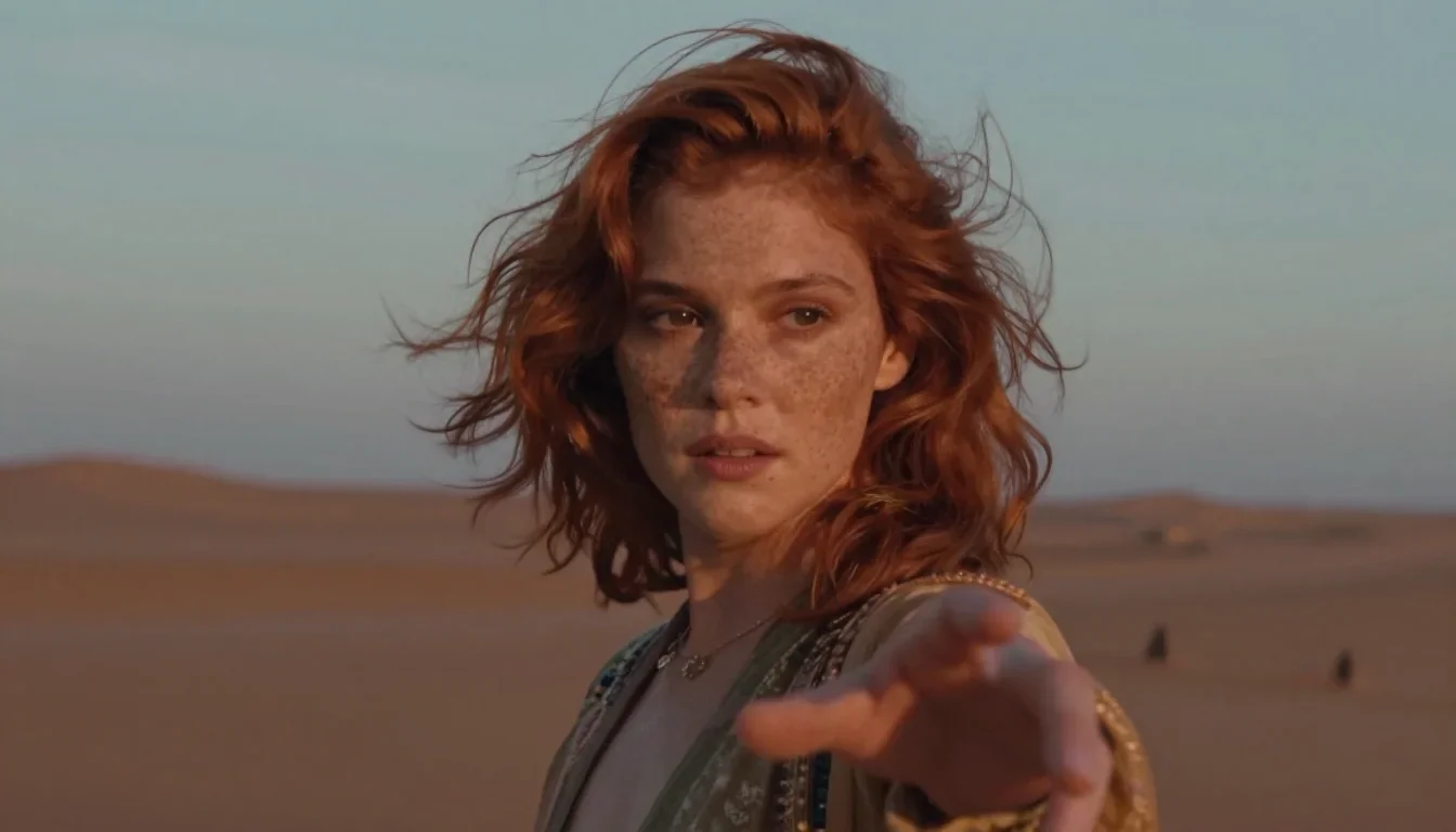 a muse with freckles and wind-tousled copper hair in a gentle reach toward the lens, in a silent desert at twilight, Won