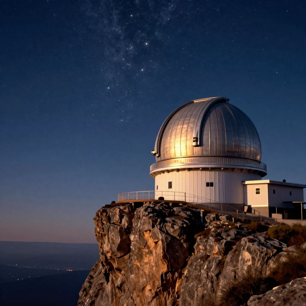 a cliffside observatory beneath a star-filled sky, quiet science-fiction concept art, atmospheric depth, cobalt and ambe