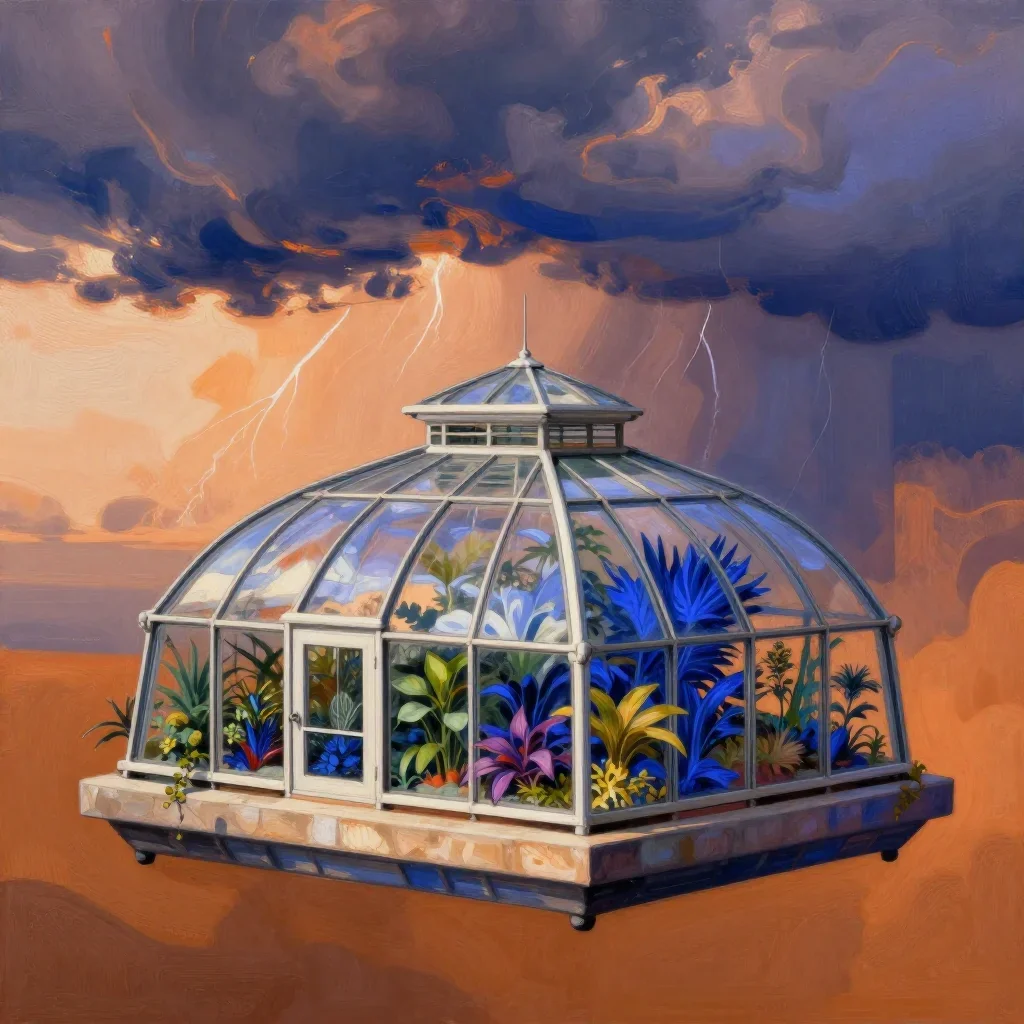 a floating botanical conservatory after a distant thunderstorm, contemporary botanical illustration, crisp material deta
